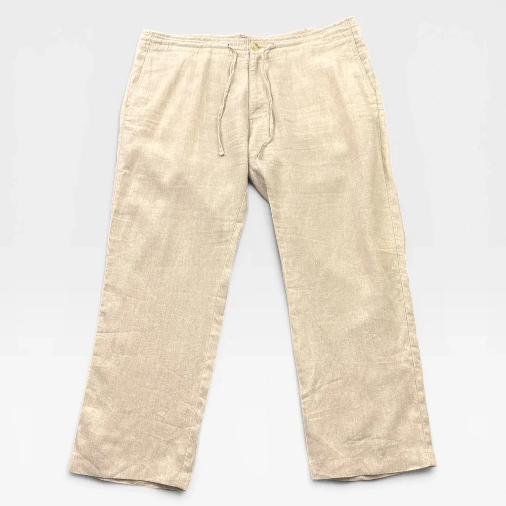 Jos A Bank Linen Cotton Pants Mens 40x28 Beige Tailored Drawstring Trousers